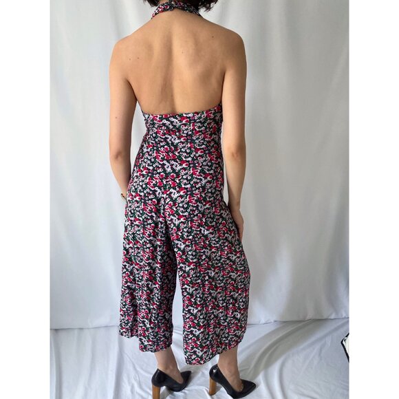 90s vintage red floral print summer halter flared pant button up jumpsuit romper - Picture 5 of 9